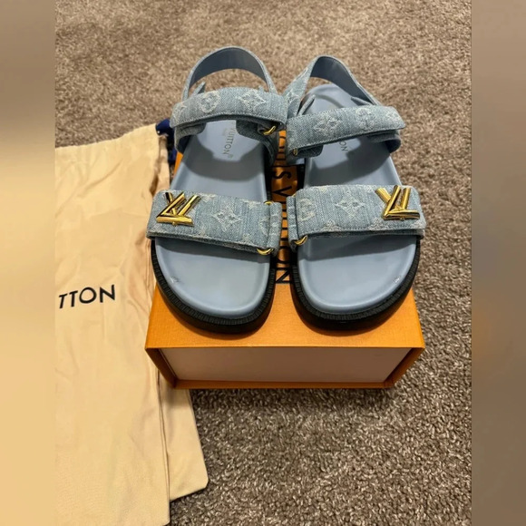 LV Sunset Flat Comfort Sandal Light Blue Monogram Denim Size 10 - Picture 1 of 15